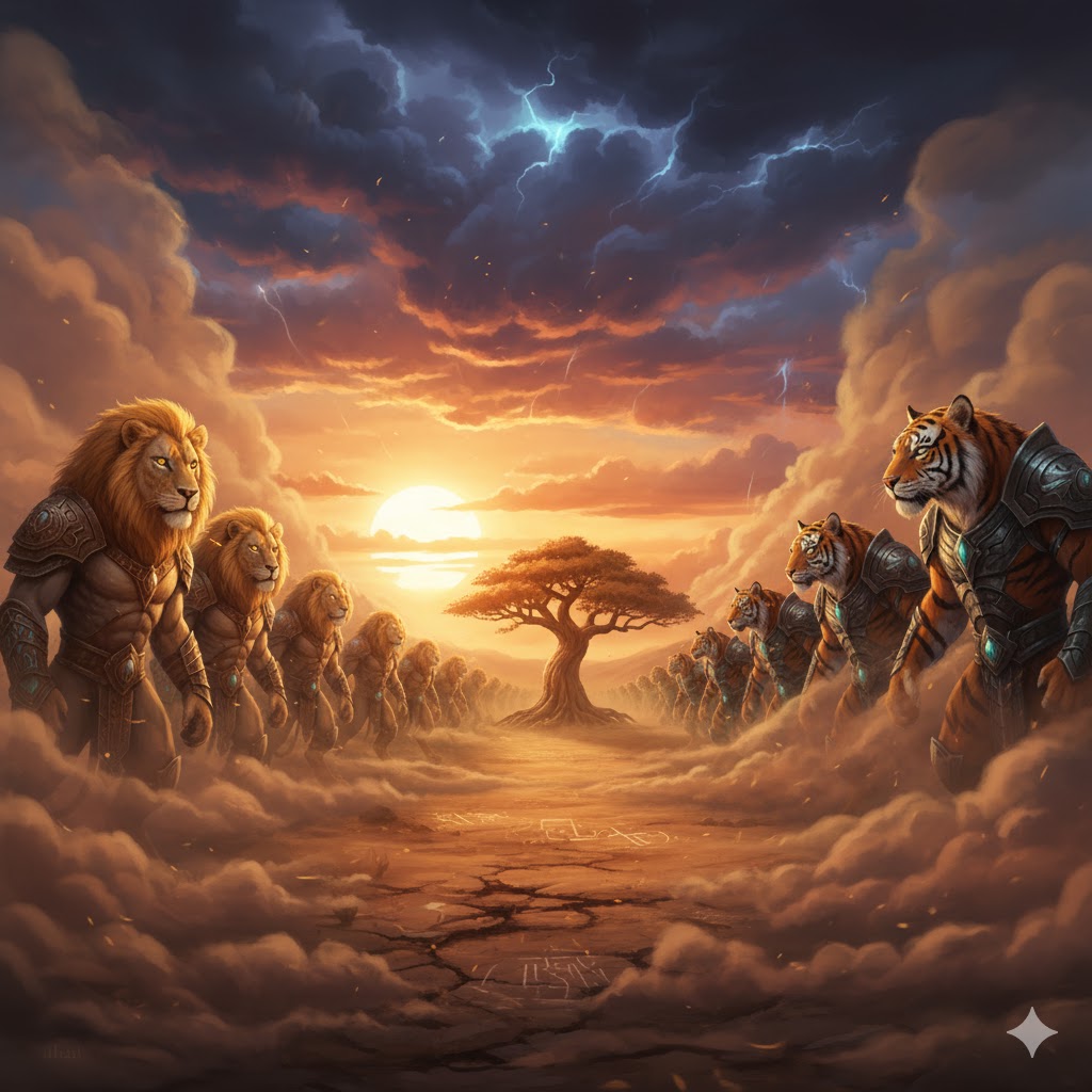 Dynamic action shot of lions and tigers charging toward each other across dusty battlefield, dramatic collision moment